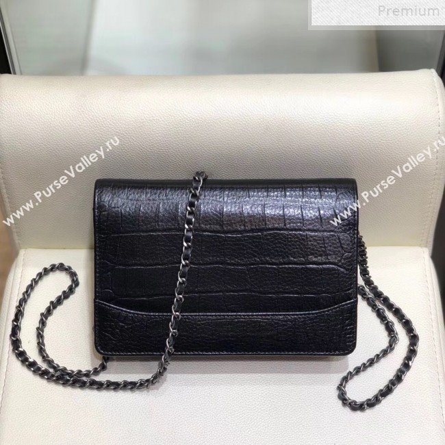 Chanel Crocodile Embossed Leather Gabrielle Wallet on Chain Black 2019 (SMJD-9072305)