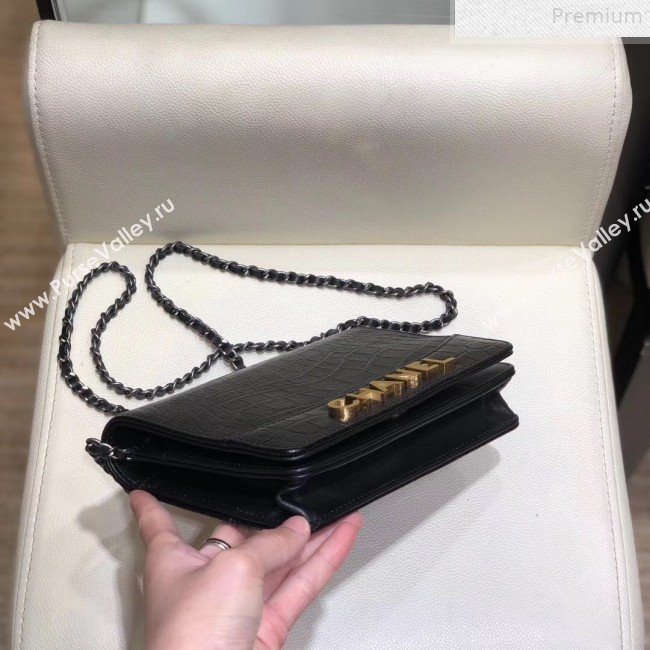 Chanel Crocodile Embossed Leather Gabrielle Wallet on Chain Black 2019 (SMJD-9072305)