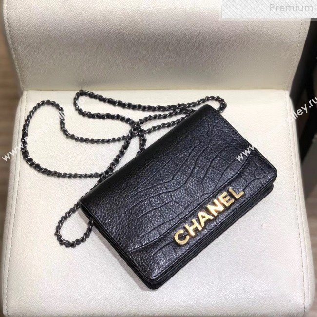 Chanel Crocodile Embossed Leather Gabrielle Wallet on Chain Black 2019 (SMJD-9072305)