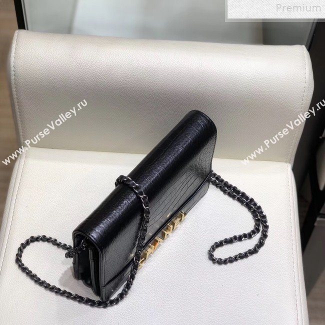 Chanel Crocodile Embossed Leather Gabrielle Wallet on Chain Black 2019 (SMJD-9072305)