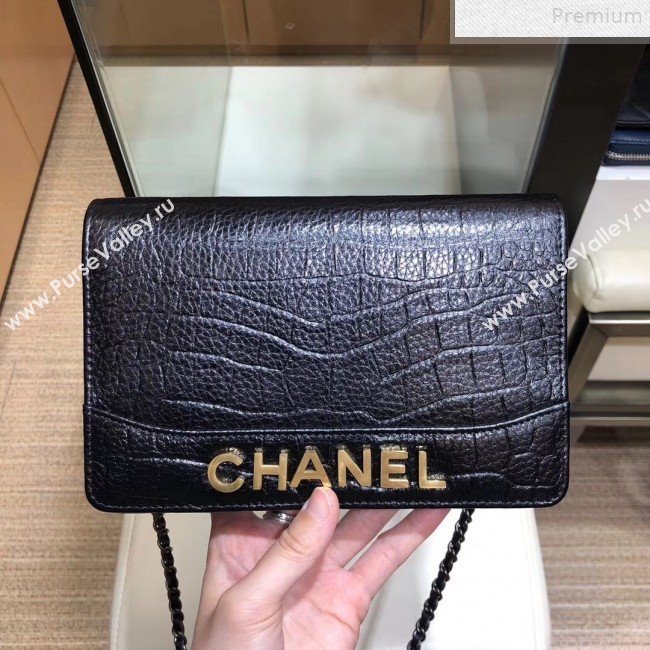 Chanel Crocodile Embossed Leather Gabrielle Wallet on Chain Black 2019 (SMJD-9072305)