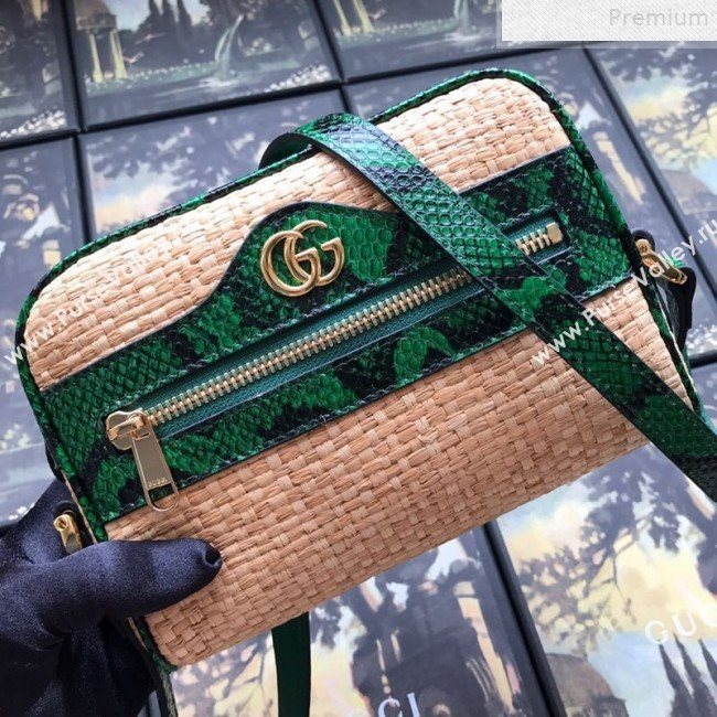 Gucci Ophidia Straw-Effect Fabric and Snakeskin Mini Shoulder Bag 574493 Beige/Green 2019 (DLH-9072402)