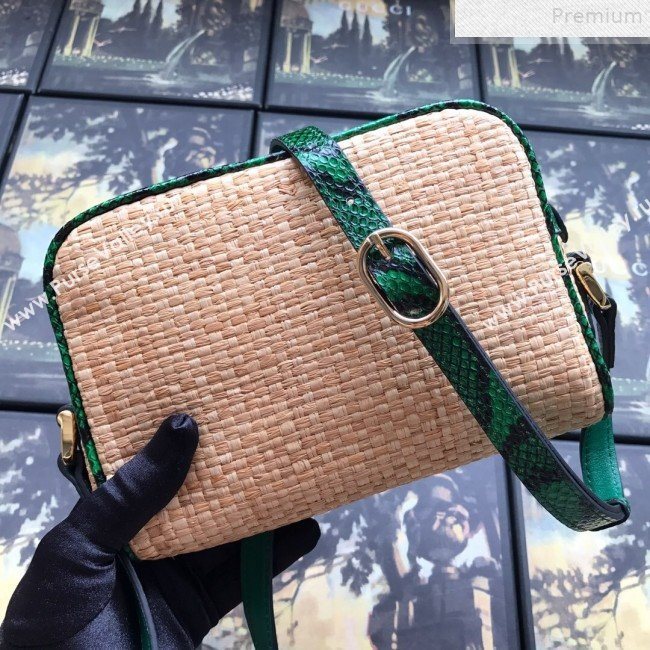 Gucci Ophidia Straw-Effect Fabric and Snakeskin Mini Shoulder Bag 574493 Beige/Green 2019 (DLH-9072402)