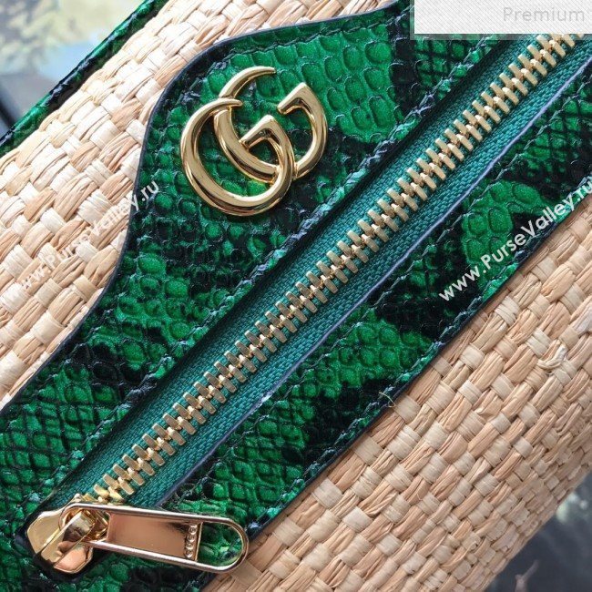 Gucci Ophidia Straw-Effect Fabric and Snakeskin Mini Shoulder Bag 574493 Beige/Green 2019 (DLH-9072402)