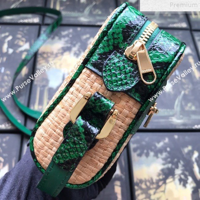 Gucci Ophidia Straw-Effect Fabric and Snakeskin Mini Shoulder Bag 574493 Beige/Green 2019 (DLH-9072402)