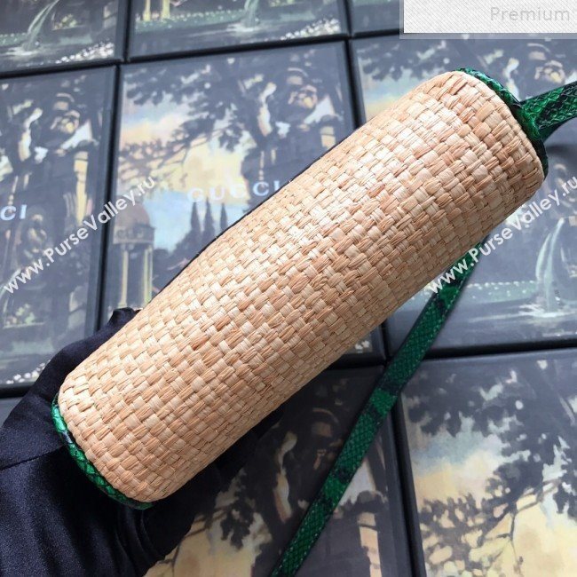 Gucci Ophidia Straw-Effect Fabric and Snakeskin Mini Shoulder Bag 574493 Beige/Green 2019 (DLH-9072402)