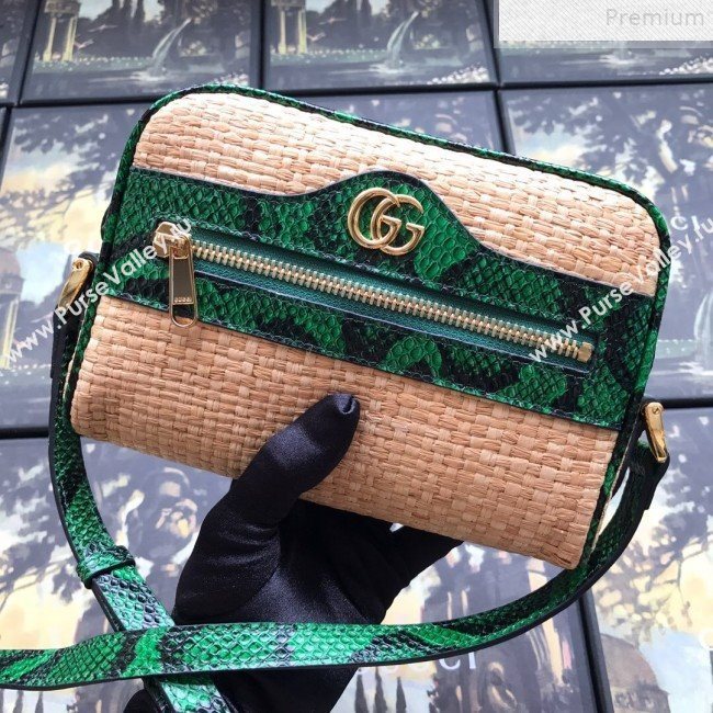 Gucci Ophidia Straw-Effect Fabric and Snakeskin Mini Shoulder Bag 574493 Beige/Green 2019 (DLH-9072402)