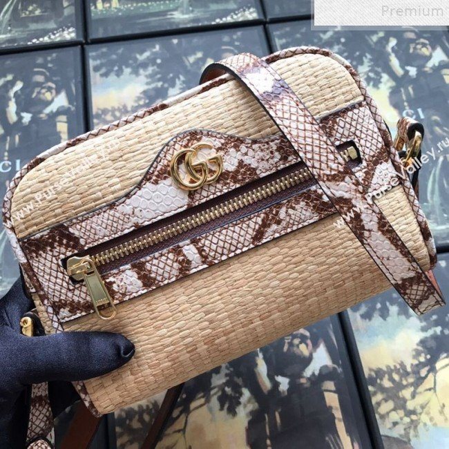 Gucci Ophidia Straw-Effect Fabric and Snakeskin Mini Shoulder Bag 574493 Beige/Brown 2019 (DLH-9072401)