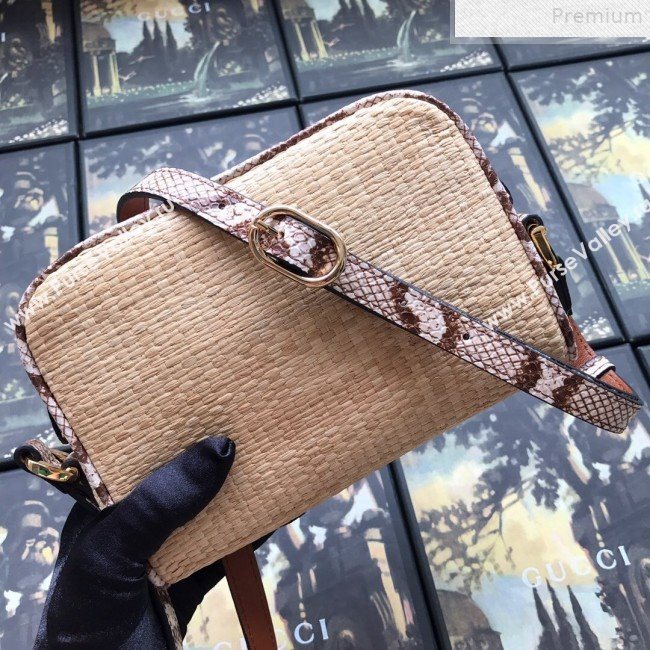 Gucci Ophidia Straw-Effect Fabric and Snakeskin Mini Shoulder Bag 574493 Beige/Brown 2019 (DLH-9072401)