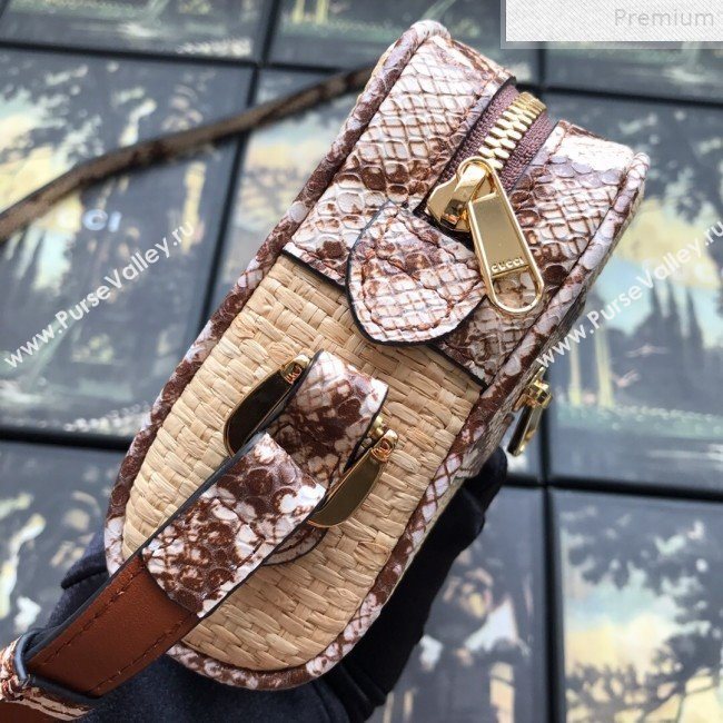 Gucci Ophidia Straw-Effect Fabric and Snakeskin Mini Shoulder Bag 574493 Beige/Brown 2019 (DLH-9072401)