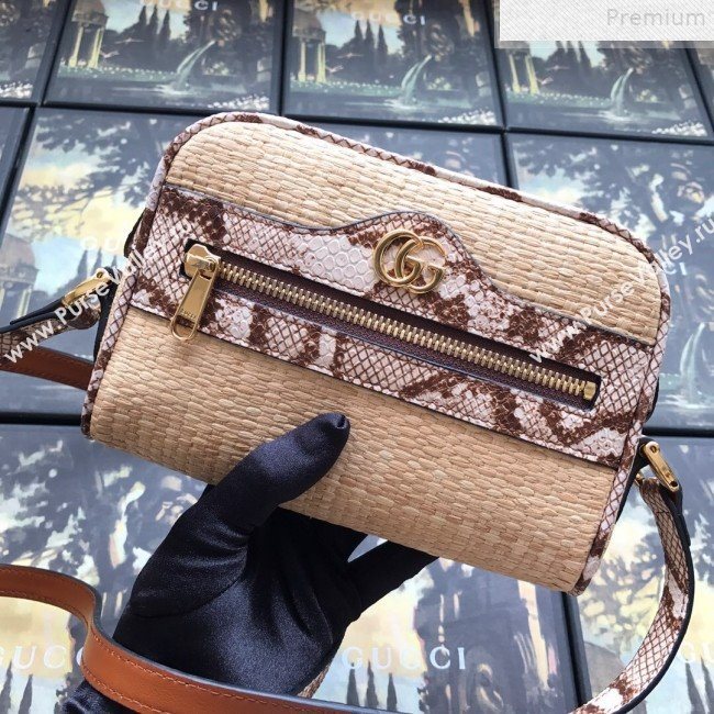Gucci Ophidia Straw-Effect Fabric and Snakeskin Mini Shoulder Bag 574493 Beige/Brown 2019 (DLH-9072401)