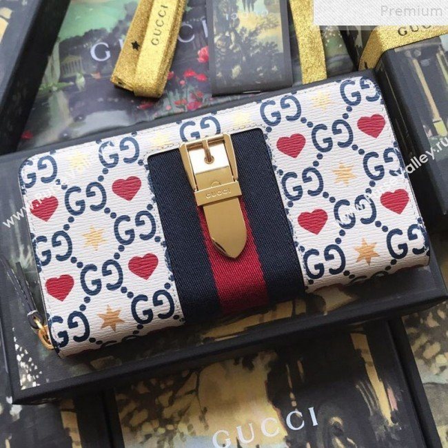 Gucci Sylvie Leather GG Heart Star Zip Around Wallet 476083 2019 (DLH-9072407)