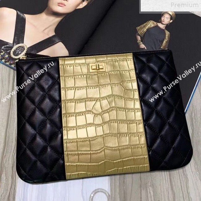 Chanel Metallic Crocodile Embossed Calfskin and Lambskin 2.55 Pouch A82725 Black/Gold 2019 (FENGH-9072314)