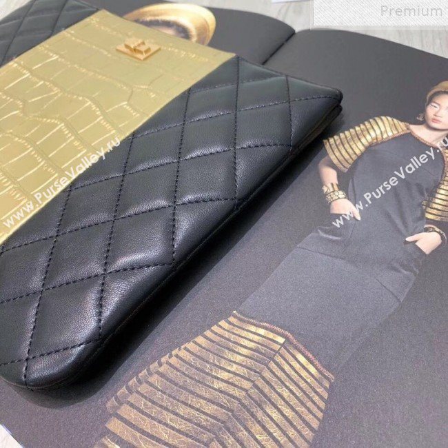 Chanel Metallic Crocodile Embossed Calfskin and Lambskin 2.55 Pouch A82725 Black/Gold 2019 (FENGH-9072314)