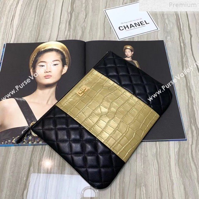 Chanel Metallic Crocodile Embossed Calfskin and Lambskin 2.55 Pouch A82725 Black/Gold 2019 (FENGH-9072314)