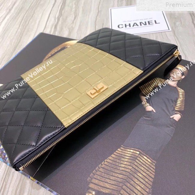 Chanel Metallic Crocodile Embossed Calfskin and Lambskin 2.55 Pouch A82725 Black/Gold 2019 (FENGH-9072314)