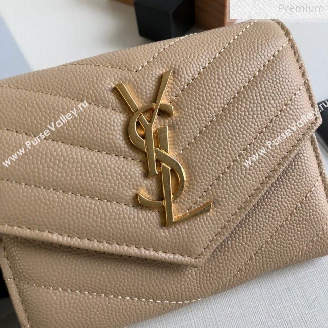 Saint Laurent Monogram Compact Tri Fold Small Wallet in Grained Leather 403943 Apricot 2019 (KTSD-9072549)