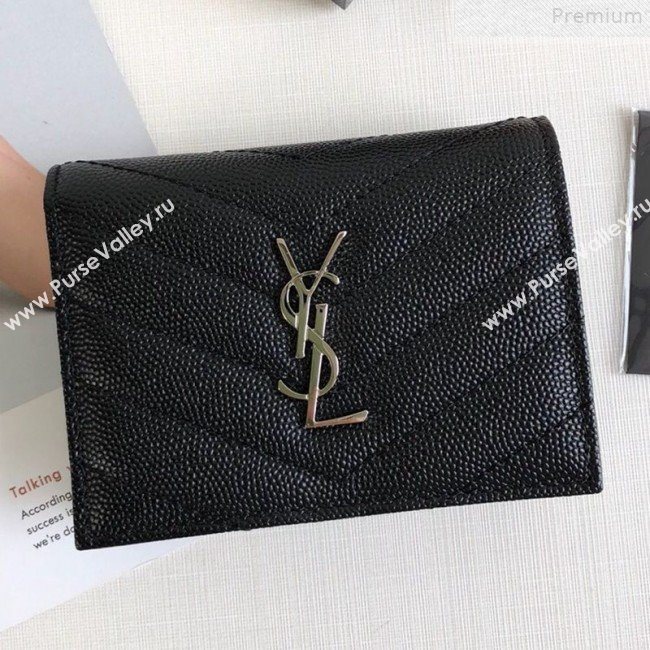 Saint Laurent Monogram Card Case in Grained Leather 530841 Black/Silver 2019 (KTSD-9072551)