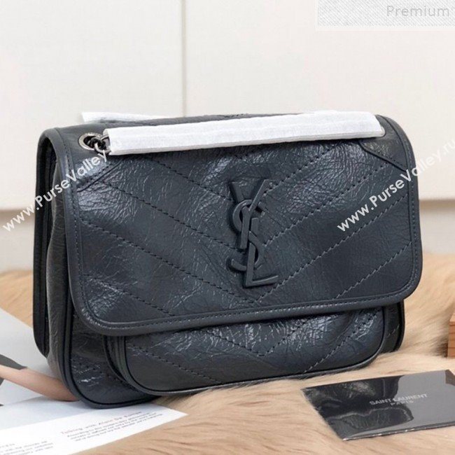 Saint Laurent Baby Niki Chain Bag in Waxed Crinkled Vintage Leather 533037 Blue-Grey 2019 (KTSD-9072534)