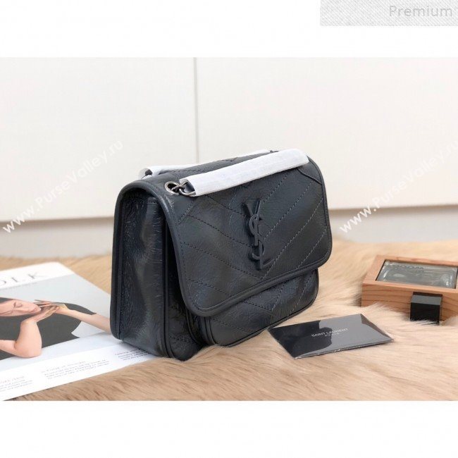 Saint Laurent Baby Niki Chain Bag in Waxed Crinkled Vintage Leather 533037 Blue-Grey 2019 (KTSD-9072534)