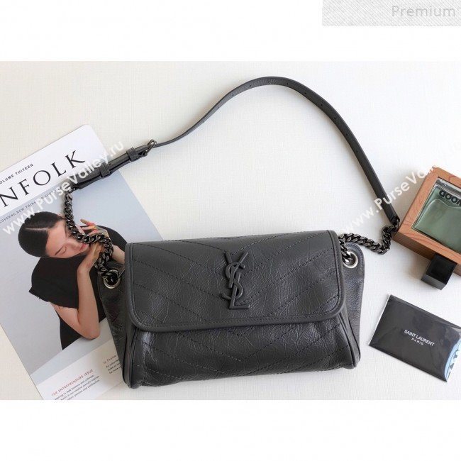Saint Laurent Niki Body Belt Bag in Waxed Crinkled Vintage Leather 577124 Dark Grey 2019 (KTSD-9072538)