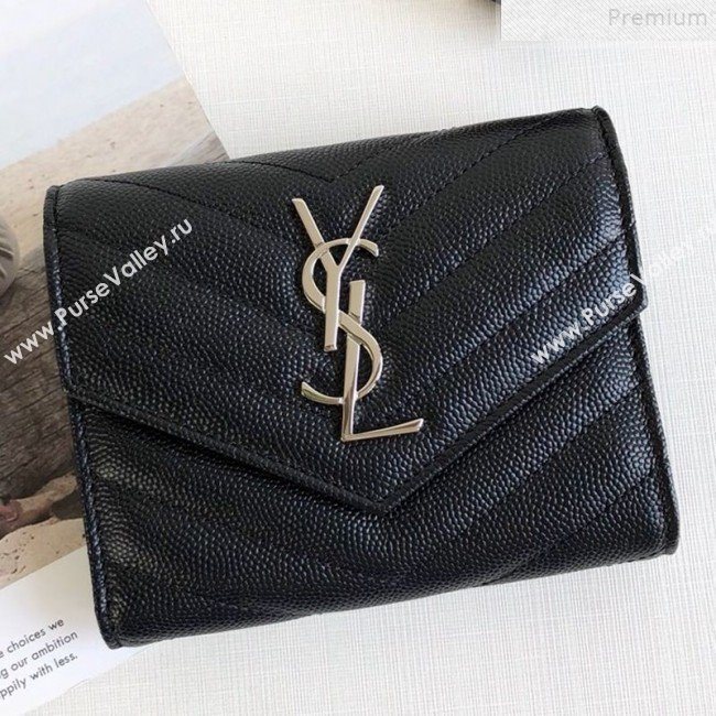 Saint Laurent Monogram Compact Tri Fold Small Wallet in Grained Leather 403943 Black/Silver 2019 (KTSD-9072546)