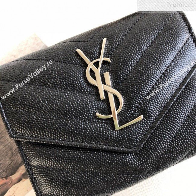 Saint Laurent Monogram Compact Tri Fold Small Wallet in Grained Leather 403943 Black/Silver 2019 (KTSD-9072546)