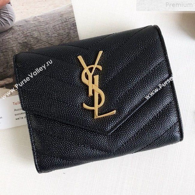 Saint Laurent Monogram Compact Tri Fold Small Wallet in Grained Leather 403943 Black/Gold 2019 (KTSD-9072545)