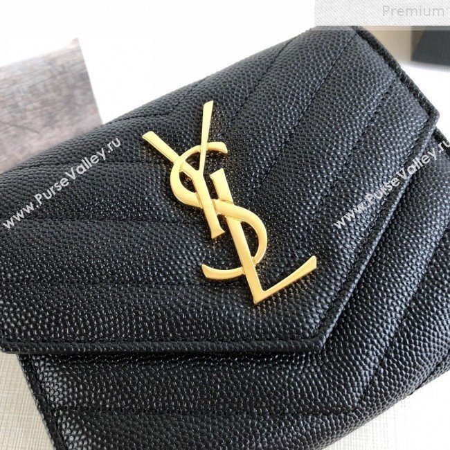 Saint Laurent Monogram Compact Tri Fold Small Wallet in Grained Leather 403943 Black/Gold 2019 (KTSD-9072545)