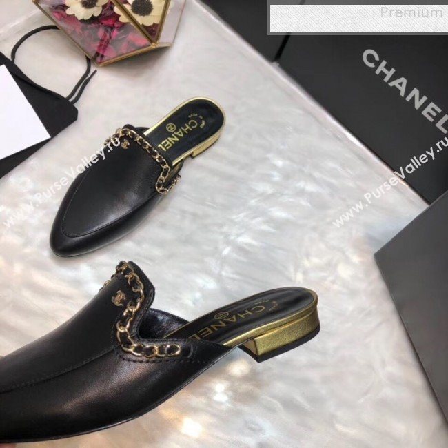 Chanel Smooth Calfskin Chain Trim Flat Mules Black 2019 (AQ-9072958)