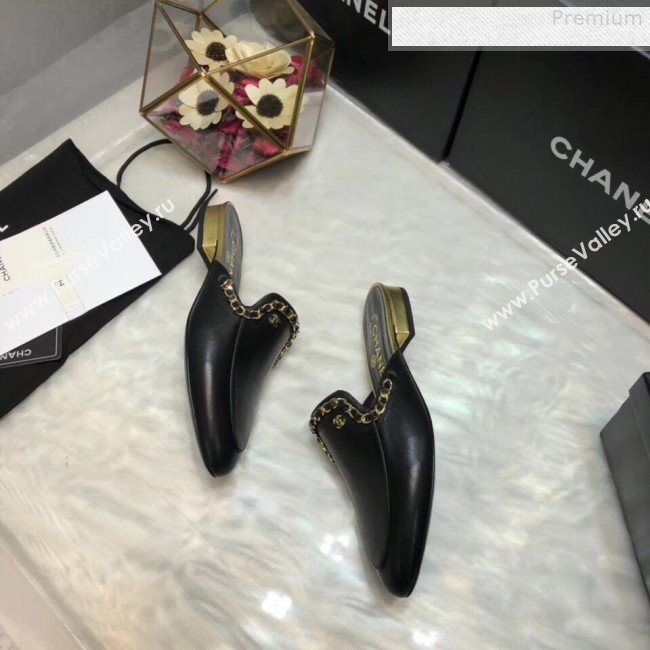 Chanel Smooth Calfskin Chain Trim Flat Mules Black 2019 (AQ-9072958)