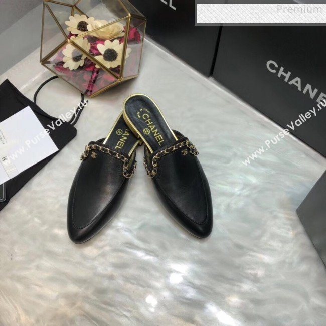 Chanel Smooth Calfskin Chain Trim Flat Mules Black 2019 (AQ-9072958)