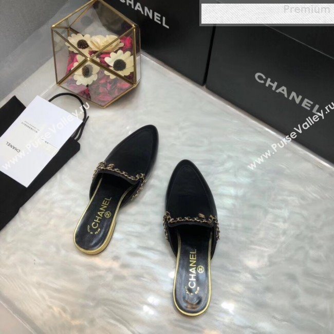 Chanel Smooth Calfskin Chain Trim Flat Mules Black 2019 (AQ-9072958)