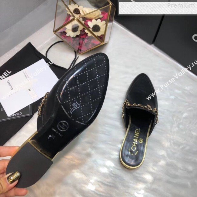 Chanel Smooth Calfskin Chain Trim Flat Mules Black 2019 (AQ-9072958)