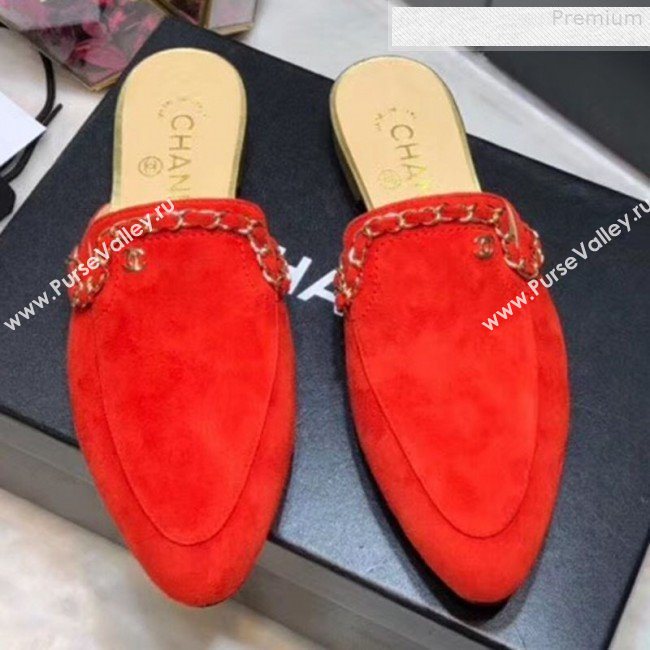 Chanel Suede Chain Trim Flat Mules Red 2019 (AQ-9072959)