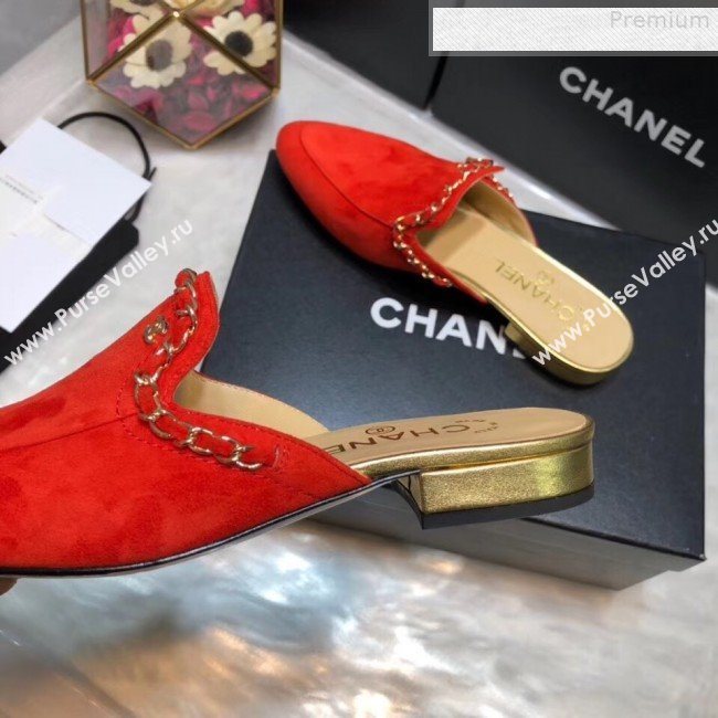 Chanel Suede Chain Trim Flat Mules Red 2019 (AQ-9072959)
