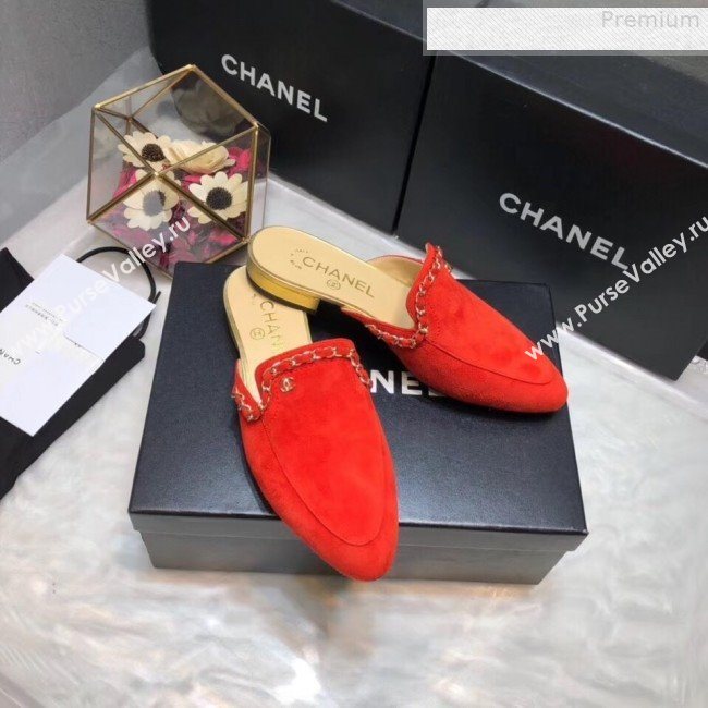 Chanel Suede Chain Trim Flat Mules Red 2019 (AQ-9072959)