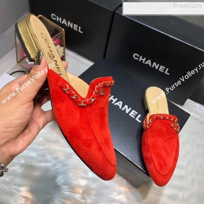 Chanel Suede Chain Trim Flat Mules Red 2019 (AQ-9072959)