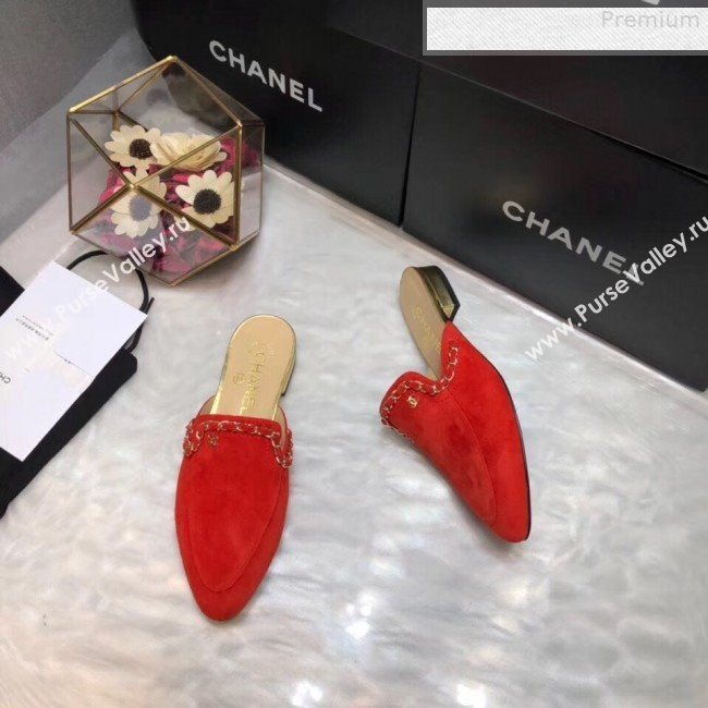 Chanel Suede Chain Trim Flat Mules Red 2019 (AQ-9072959)