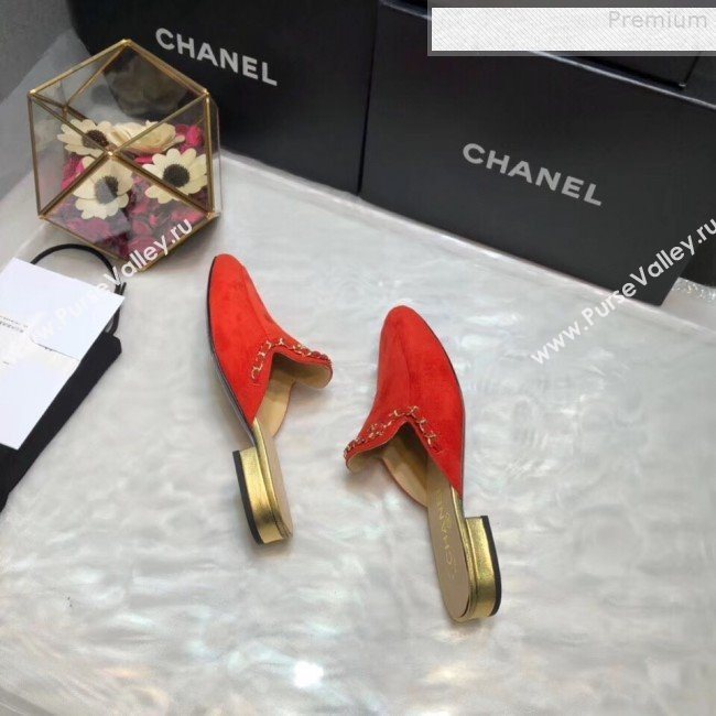 Chanel Suede Chain Trim Flat Mules Red 2019 (AQ-9072959)