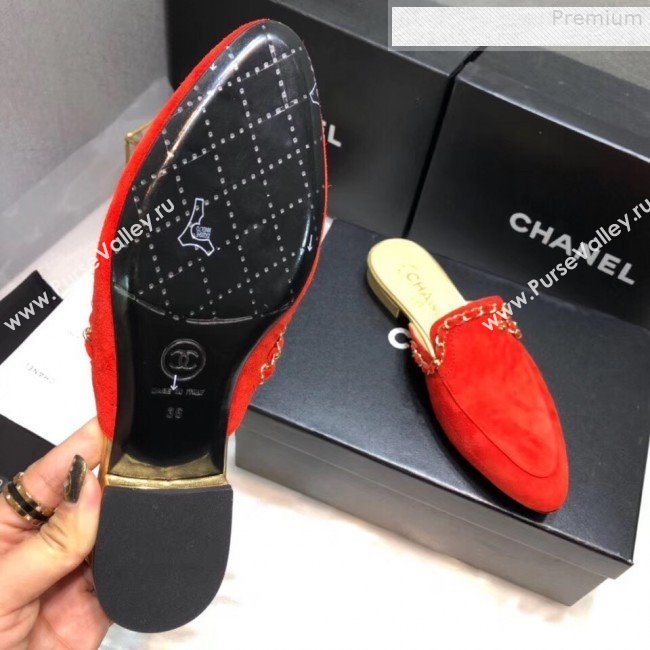 Chanel Suede Chain Trim Flat Mules Red 2019 (AQ-9072959)