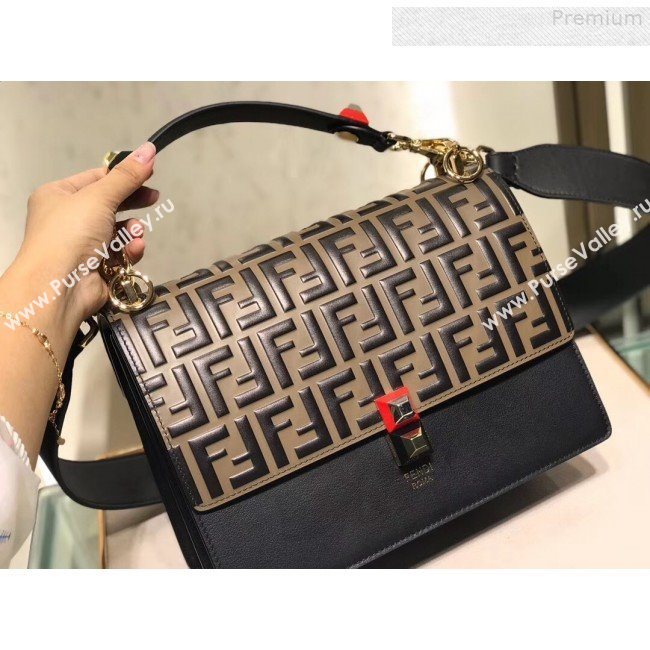 Fendi Kan I Medium Embossed FF Top Handle Bag Black/Coffee 2018 (SUSU-9072980)