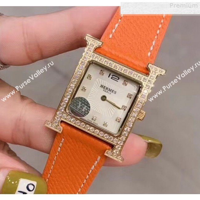 Hermes Heure H Double Jeu Quartz Movement Crystal Watch 26mm Orange/Gold 2019 (KN-9080685)