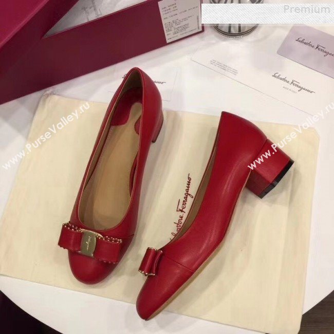 Salvatore Ferragamo Varina Calfskin Stud Bow Low-Heel 4cm Pump Red 2018 (Y30-9080716)