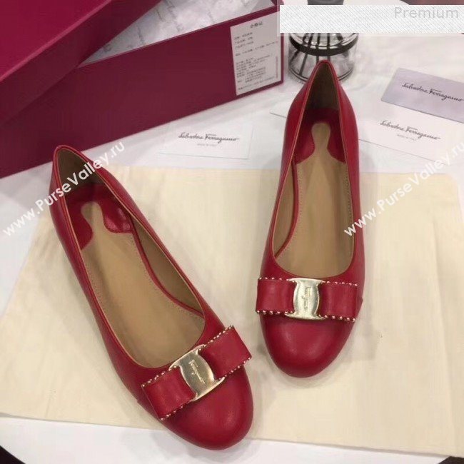 Salvatore Ferragamo Varina Calfskin Stud Bow Low-Heel 4cm Pump Red 2018 (Y30-9080716)