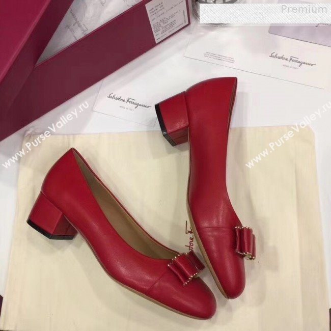 Salvatore Ferragamo Varina Calfskin Stud Bow Low-Heel 4cm Pump Red 2018 (Y30-9080716)
