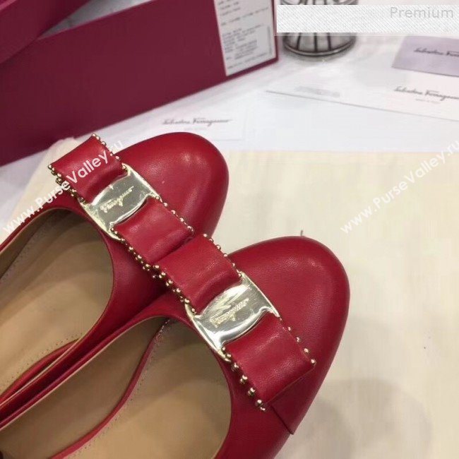 Salvatore Ferragamo Varina Calfskin Stud Bow Low-Heel 4cm Pump Red 2018 (Y30-9080716)