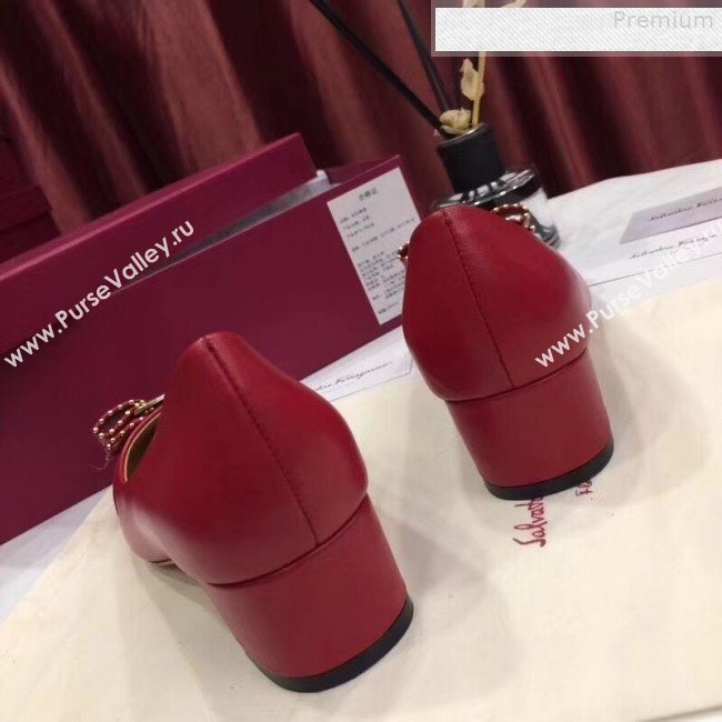 Salvatore Ferragamo Varina Calfskin Stud Bow Low-Heel 4cm Pump Red 2018 (Y30-9080716)