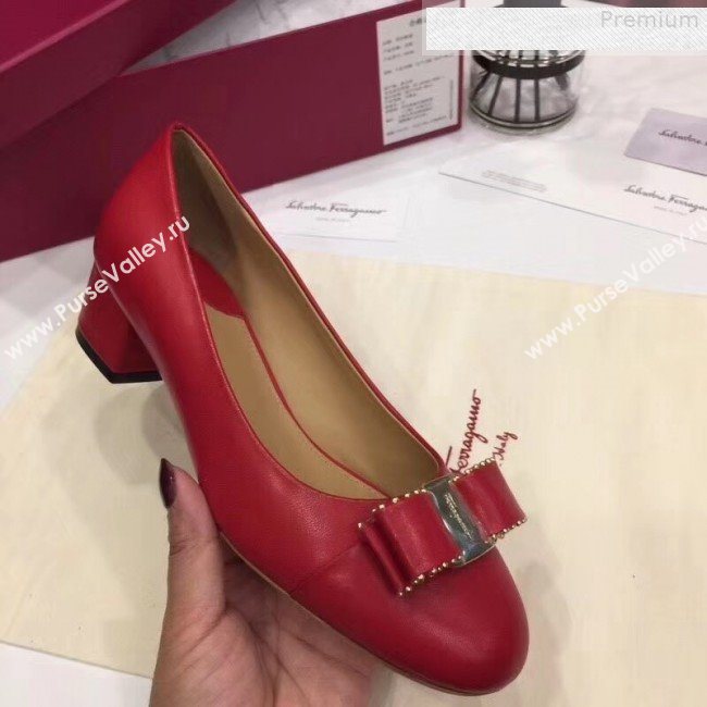 Salvatore Ferragamo Varina Calfskin Stud Bow Low-Heel 4cm Pump Red 2018 (Y30-9080716)