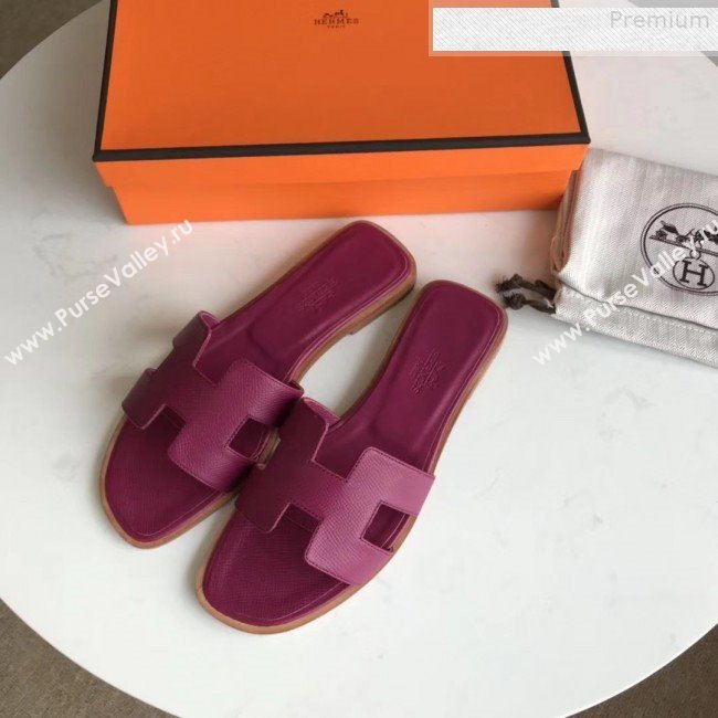 Hermes Epsom Leather Oran H Flat Slipper Sandals Violet (MD-9080605)